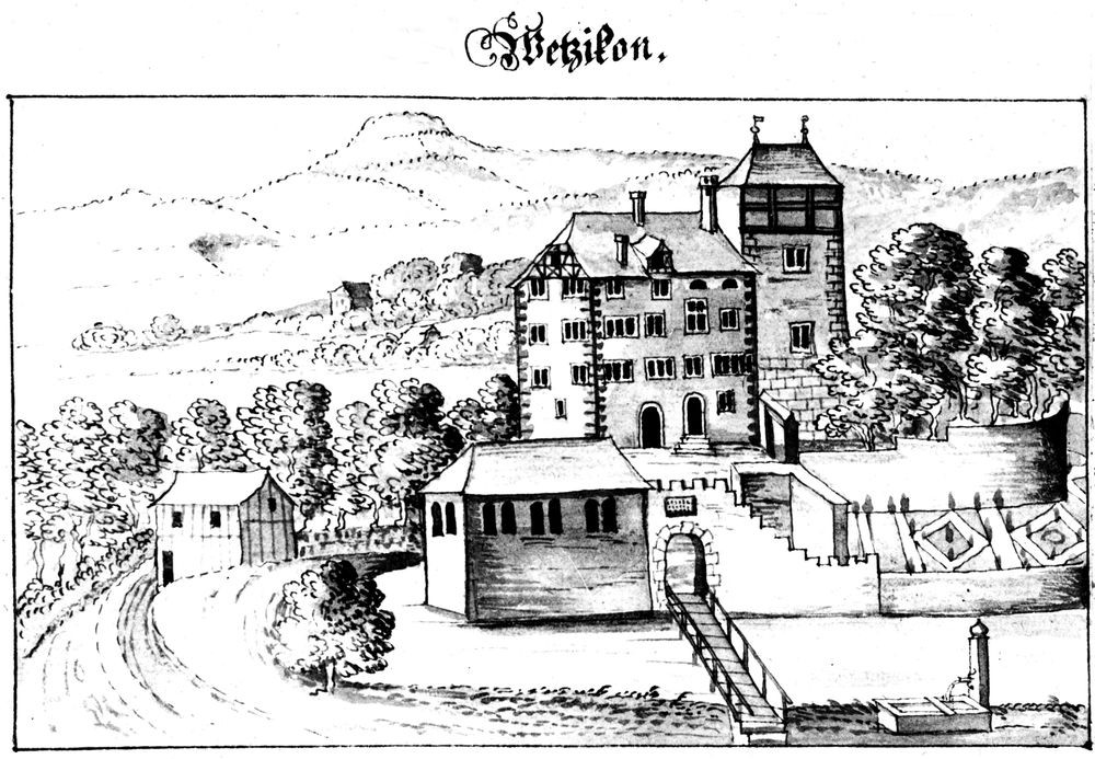 Ansicht Schloss mit Wassergraben und ehemaligem Turm (Stich von J. F. Meyss, um 1740, Repro Kant. Denkmalpflege Foto 11365/8) (1/1)