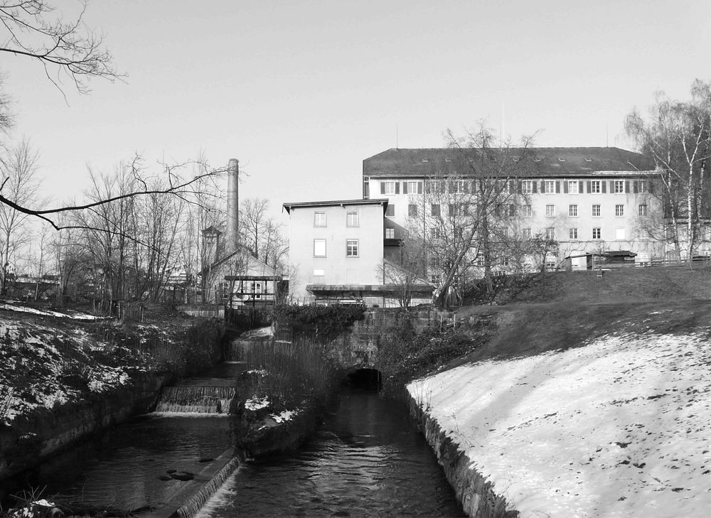 Blick in die Spinnerei Sch&ouml;nau mit dem Wasser&uuml;berlauf links und dem Kanal rechts, der aus der Turbine kommt (Foto Jan Fischer, 2011) (1/1)